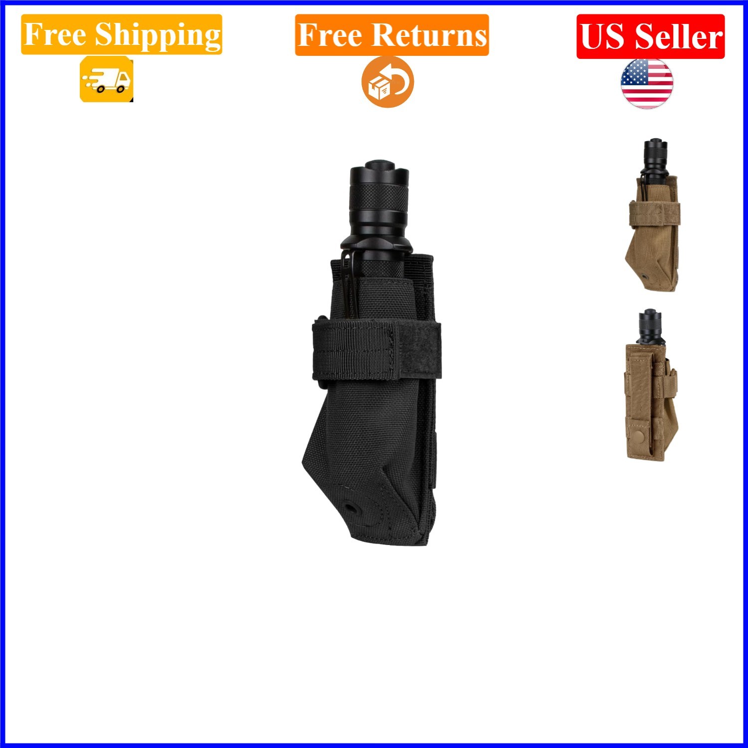 Black Polyester Flashlight Pouch with Hook & Loop Strap, 3.5" Depth