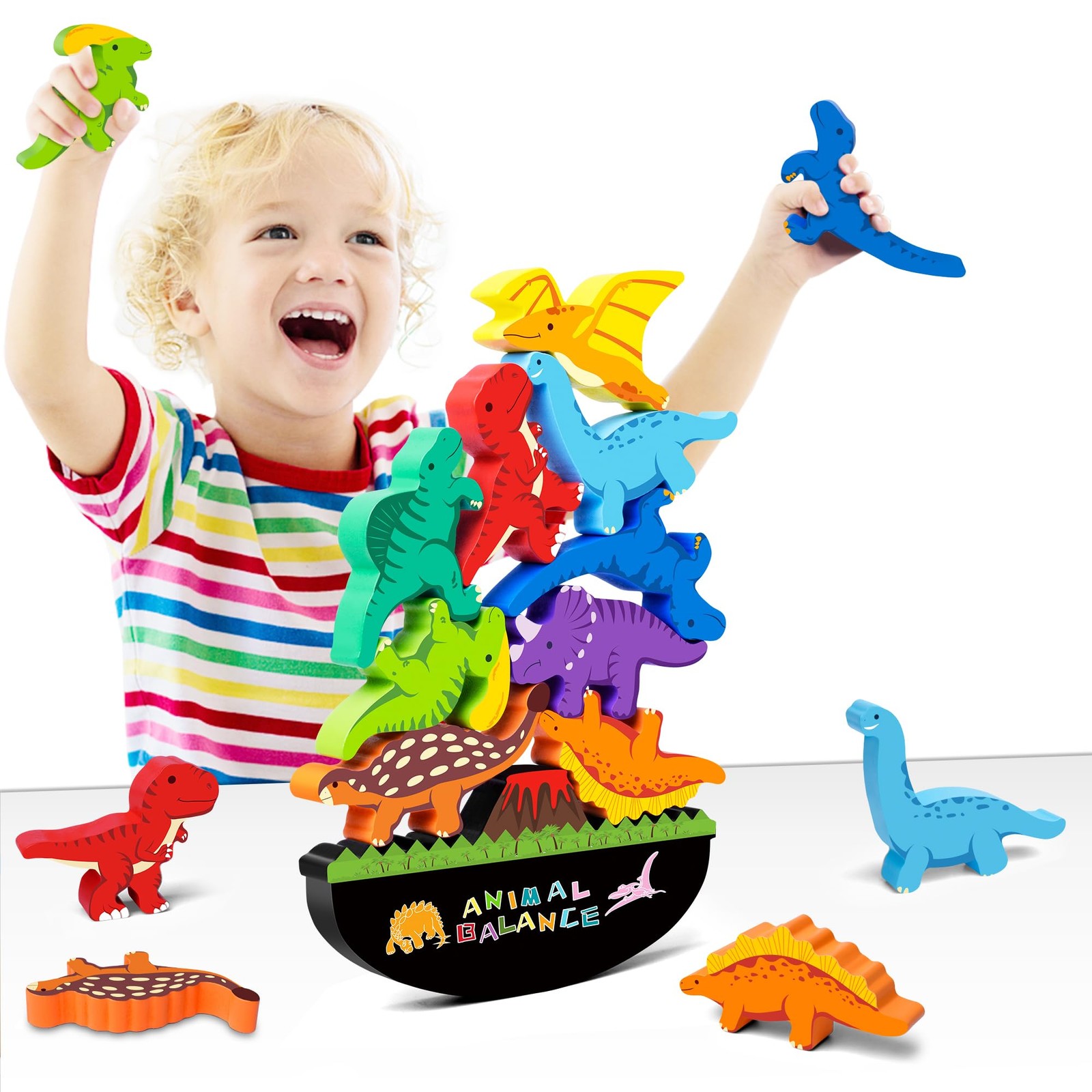 Montessori Dinosaur Toys for 2 3 4 Year Old Boys - Wooden Stacking Dinosaur T...