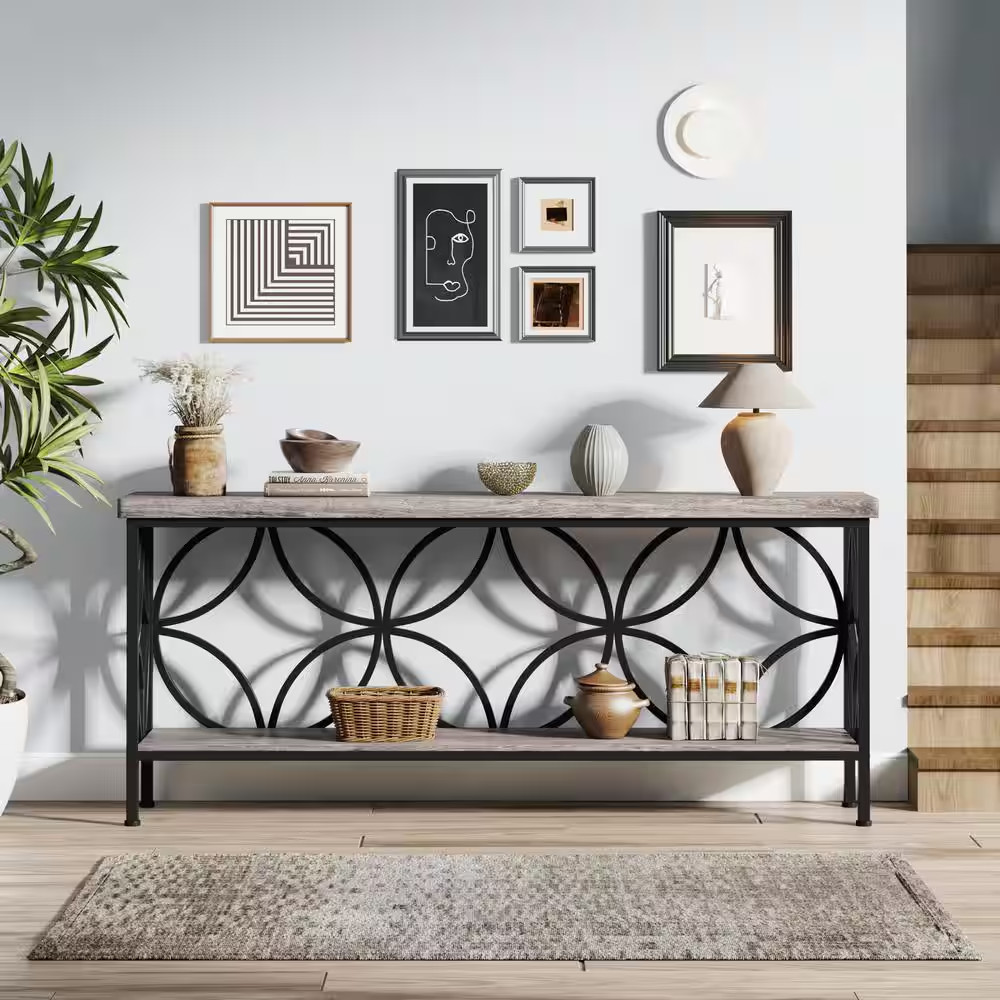 Turrella 70.9 In. Gray Rectangle Engineered Wood Narrow Console Table with Stora