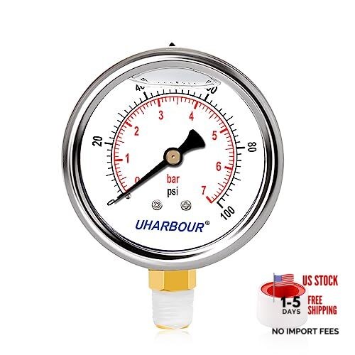 Glycerin Filled Pressure Gauge 1/4 NPT 100psi/7bar, Stainless Steel Case,