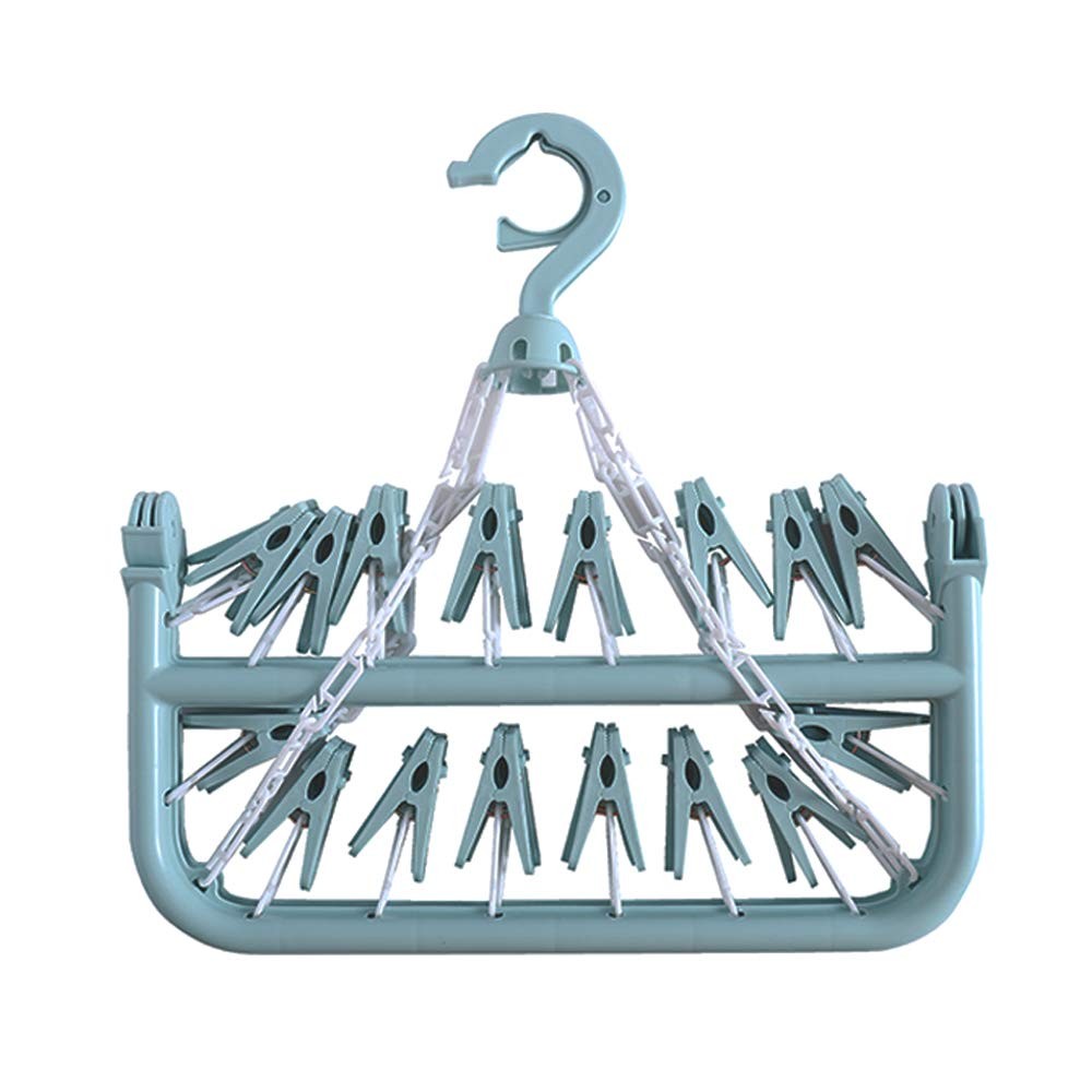 Clothes Drying Hanger with 32 Clips and Drip Foldable Hanging Rack (Light Blue)