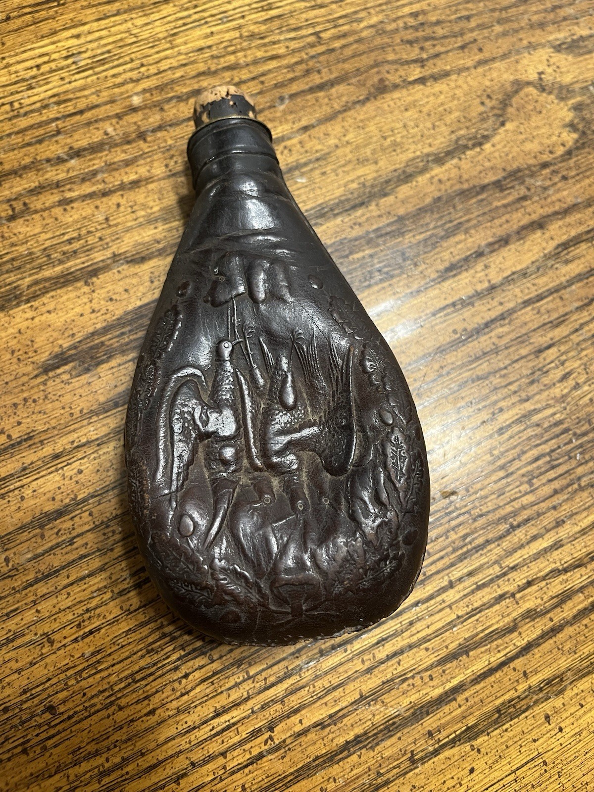 Antique 1800s Civil War Era Leather Embossed Duck Hunting Black Powder Flask