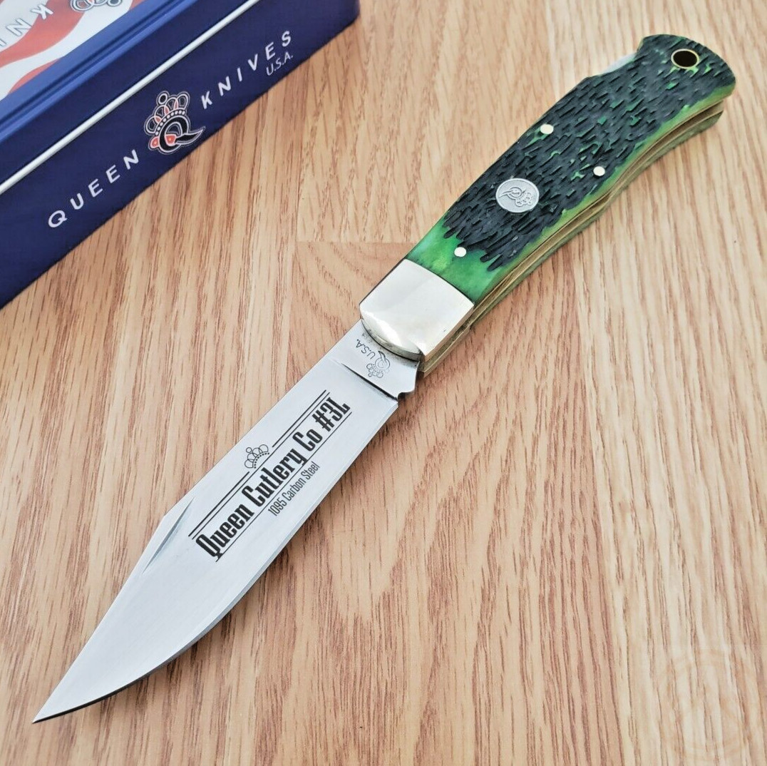 Queen Lockback Folding Knife 1095 Carbon Steel Clip Point Blade Bone Handle