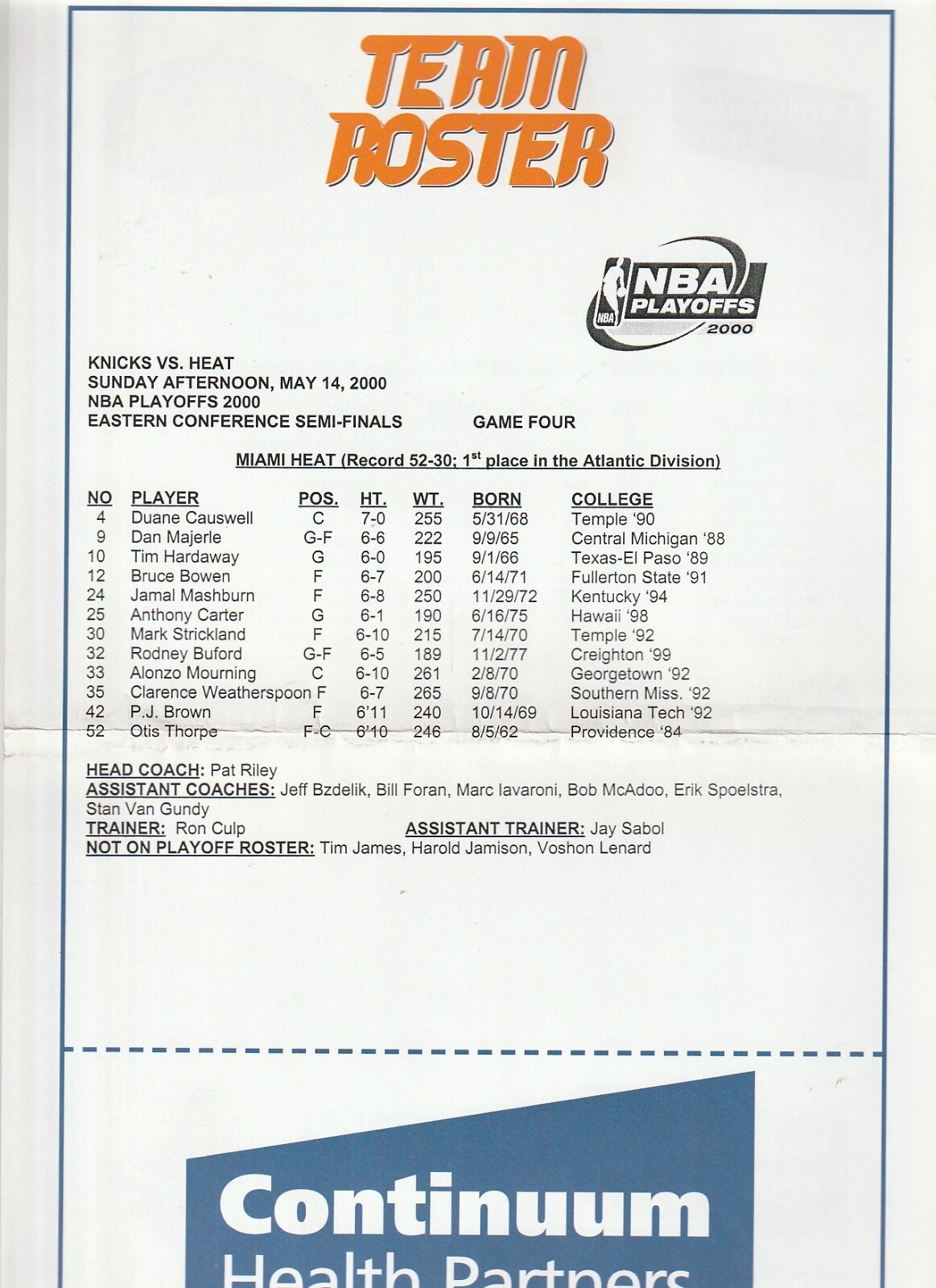 May 14, 2000 Knicks vs Pacers Playoff Basketball Program W/Patrick Ewing 8X10