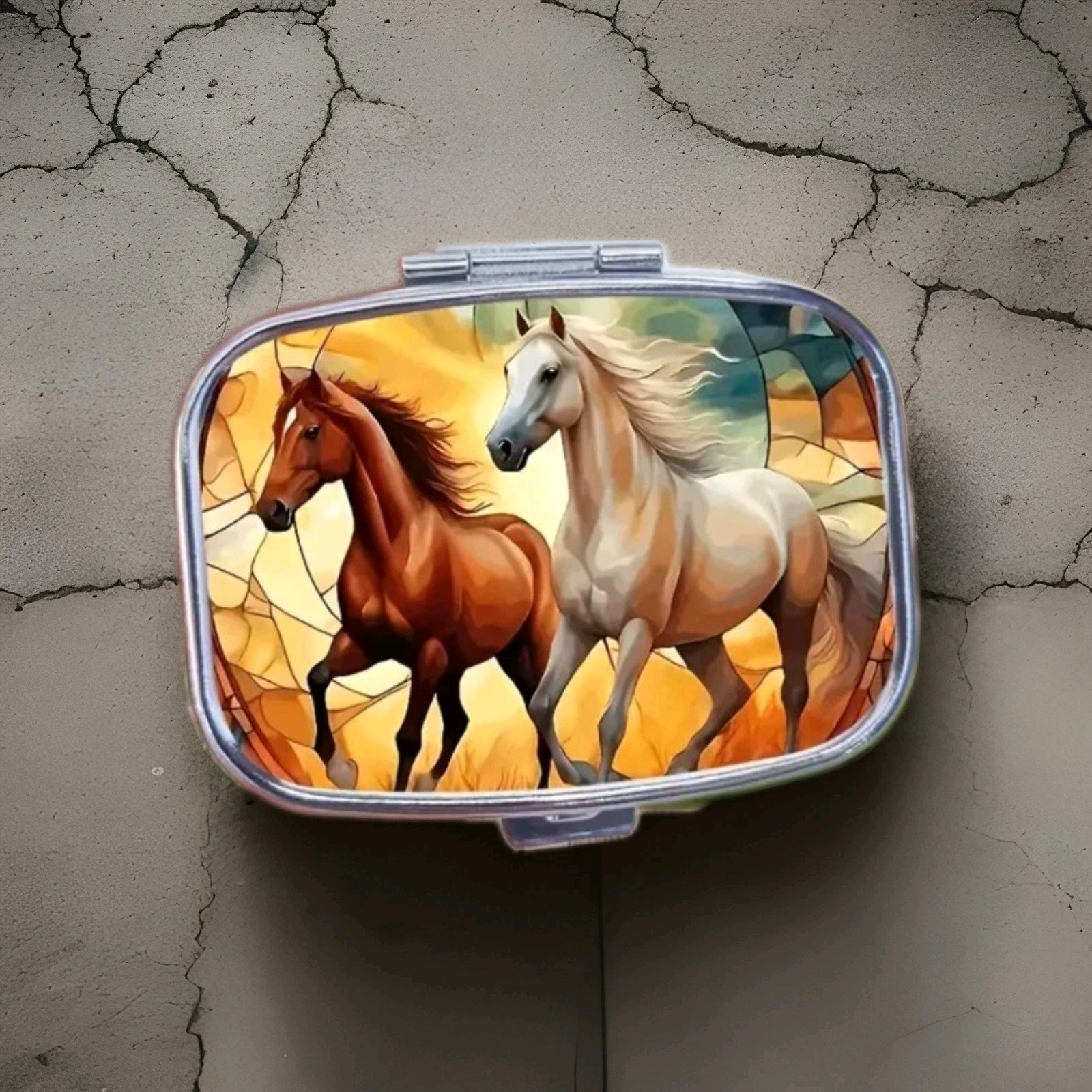 New Running Horses Metal Pill Box 2-Compartment Portable Travel Case
