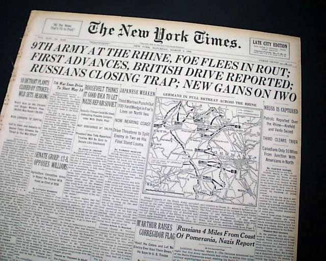 RHINE RIVER Germany's Last Defense Breached & Battle of Iwo Jima 1945 Newspaper