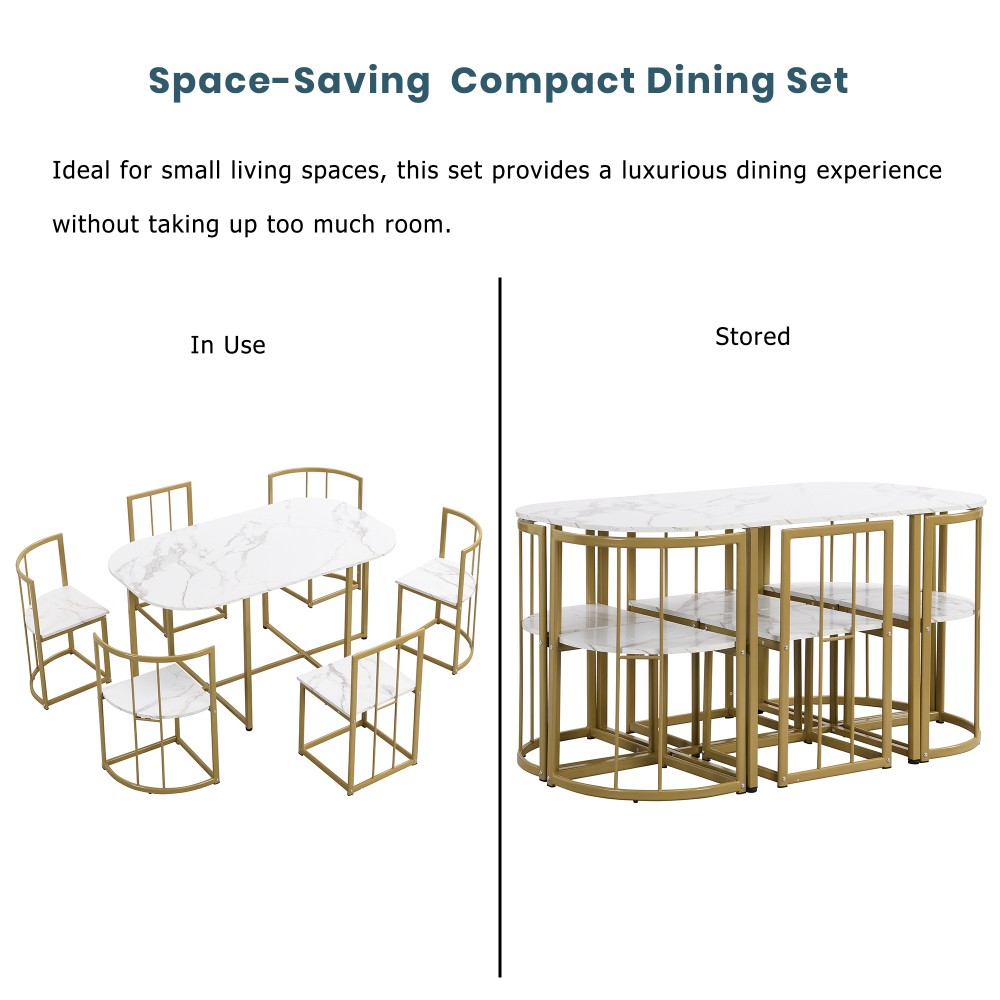 Modern 7-Piece Dining Table Set with Faux Marble Compact 55Inch Kitchen