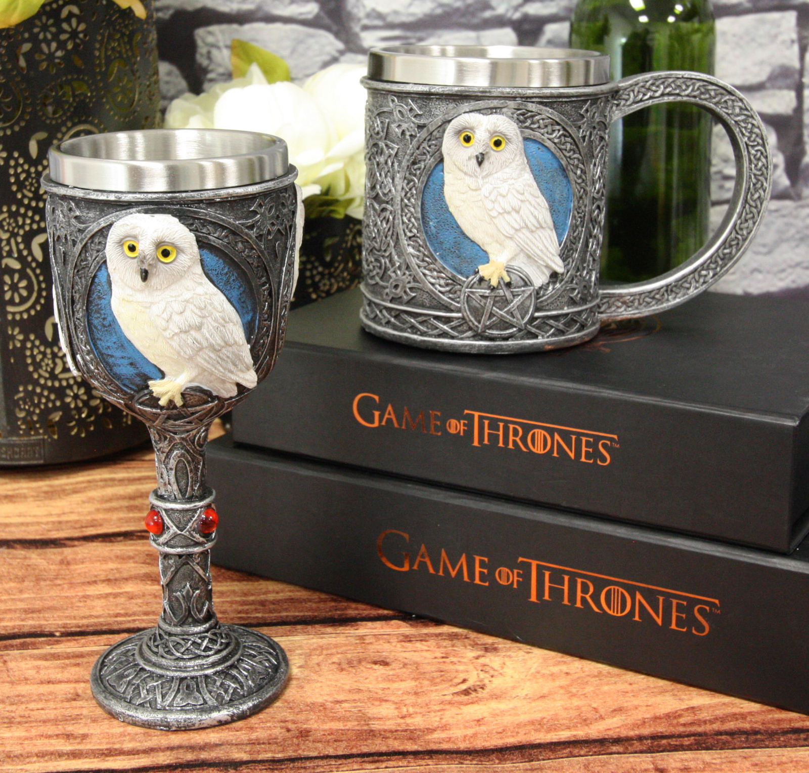 Snow White Owl Perching On Pentagram Medallion Drinking Mug And Wine Goblet Set