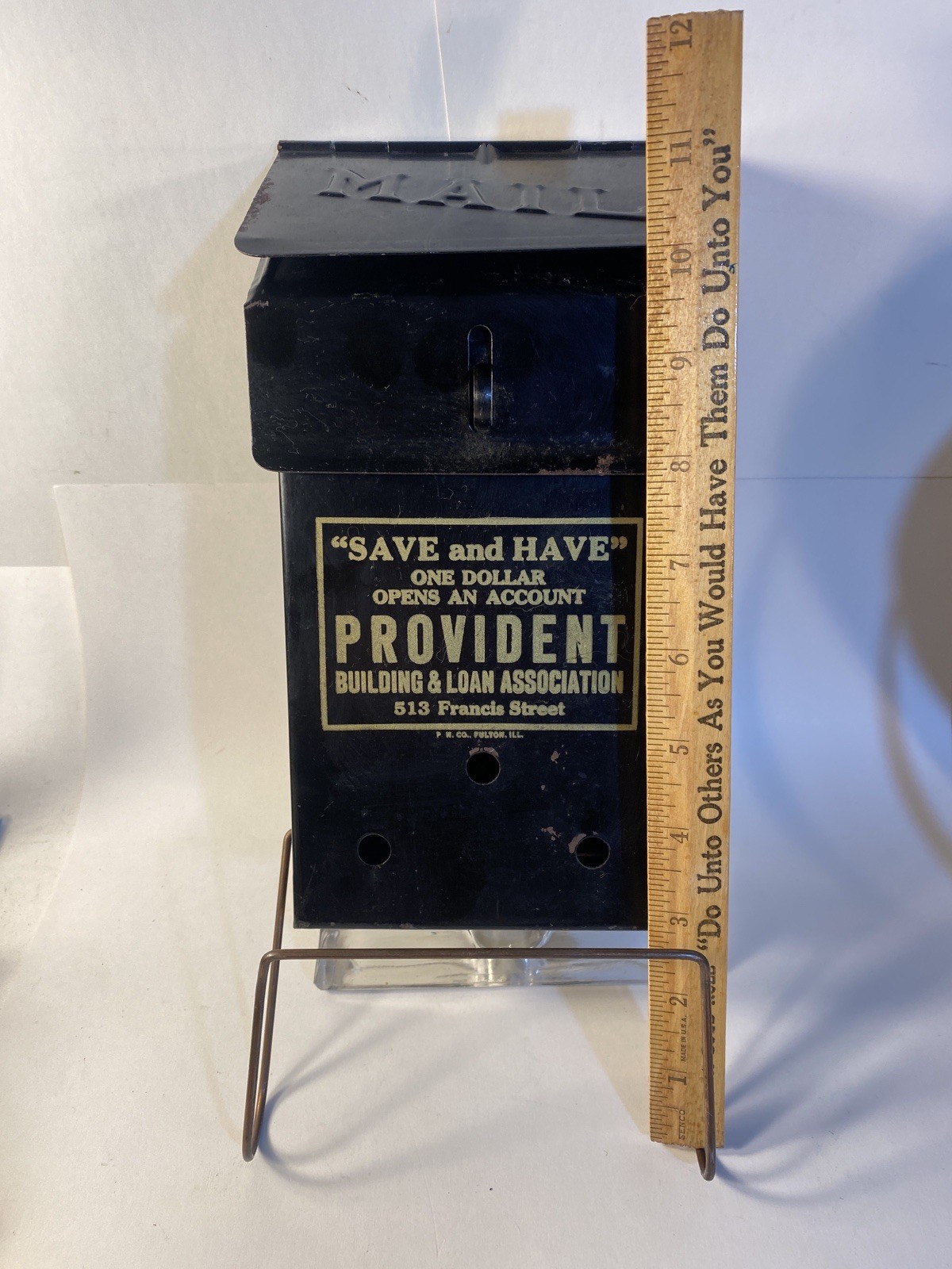 Vintage Mailbox Provident Building and Loan Assocoation All Metal W/ Rack & Lock