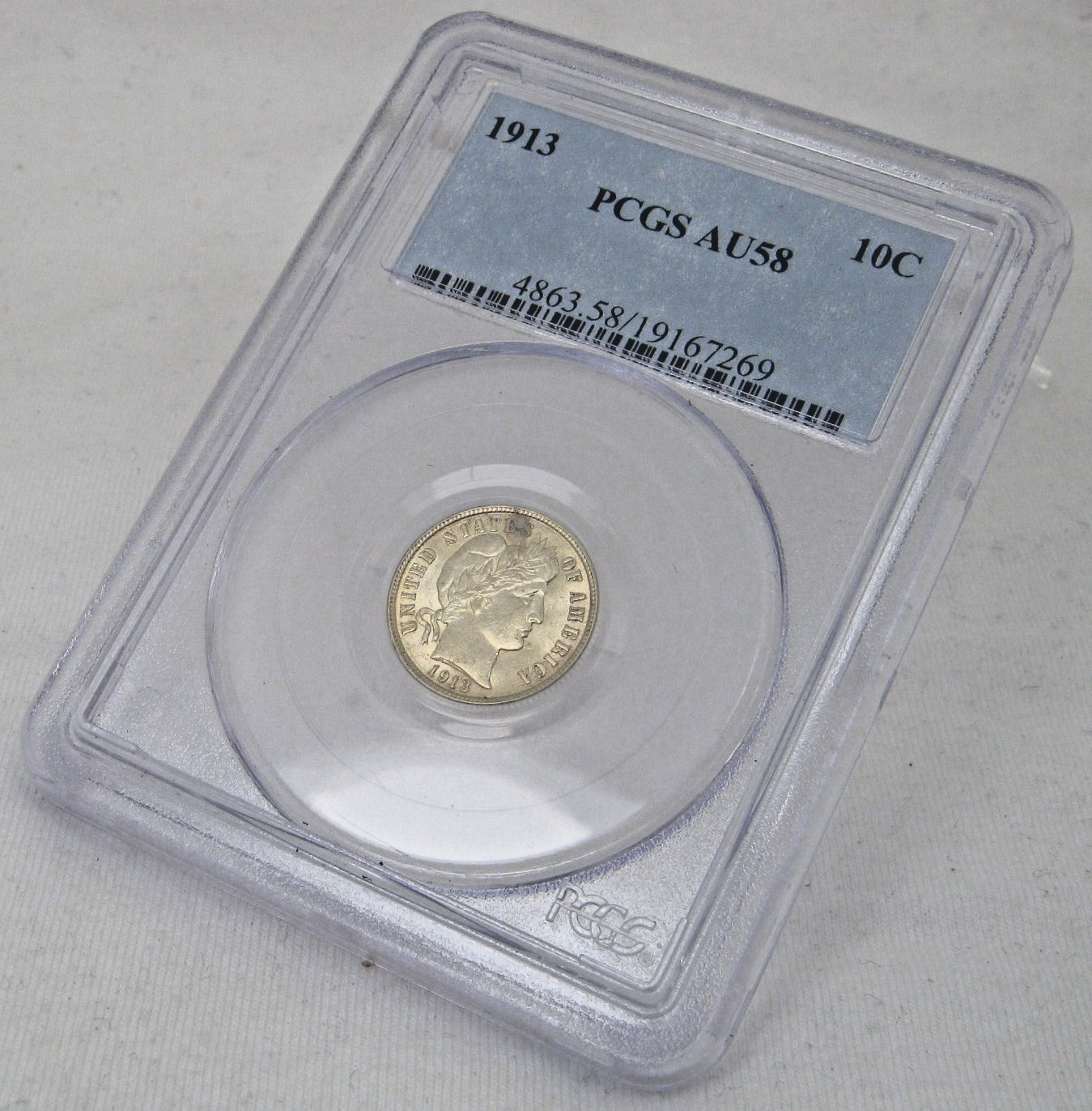 AU-58 BARBER DIME 10c BLUE LABEL NEAR MINT 90% SILVER LOOKS UNC SPOTS OF TONING