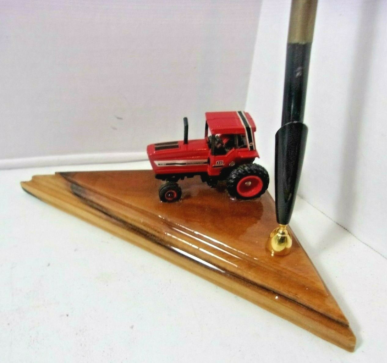 Vintage Wood Base Pen Holder & Writing Pen  w/ International Tractor Diecast Toy