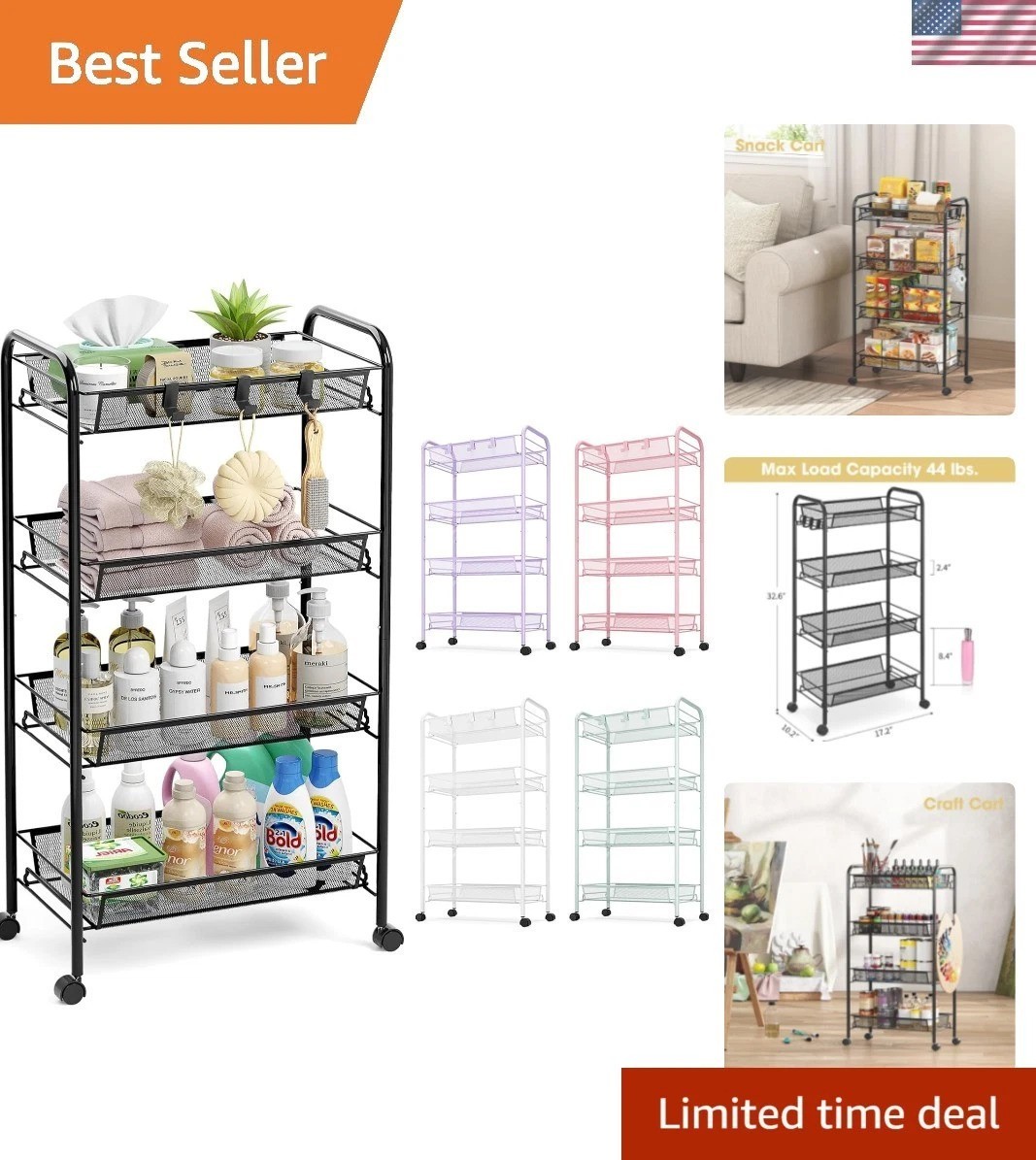 Compact 4-Tier Metal Utility Cart with 3 Hooks – Effortless Assembly & Mobility