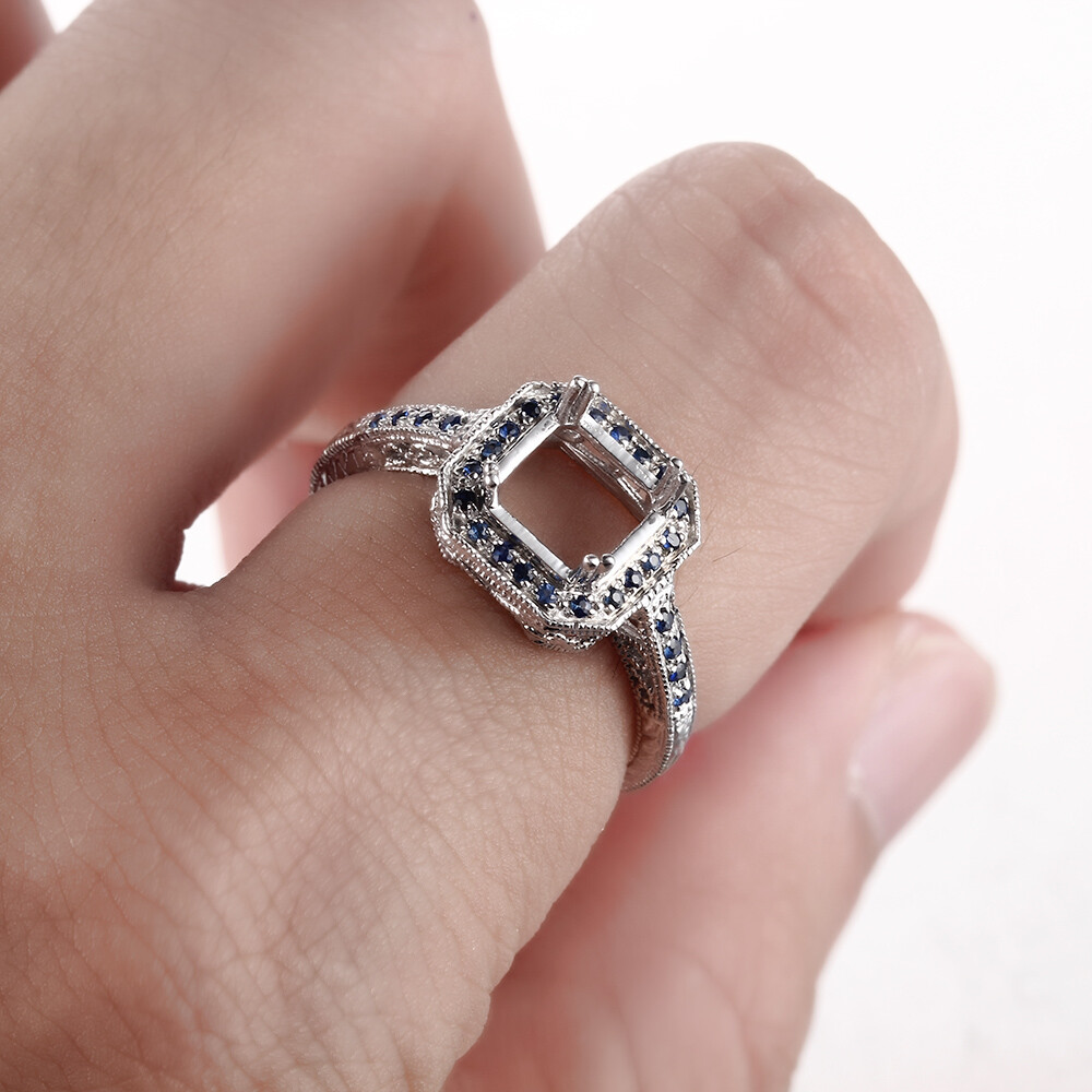 Genuine Sapphire Sterling Silver 925 Ring 5x5mm,7x7mm Cushion Semi Mount Vintage