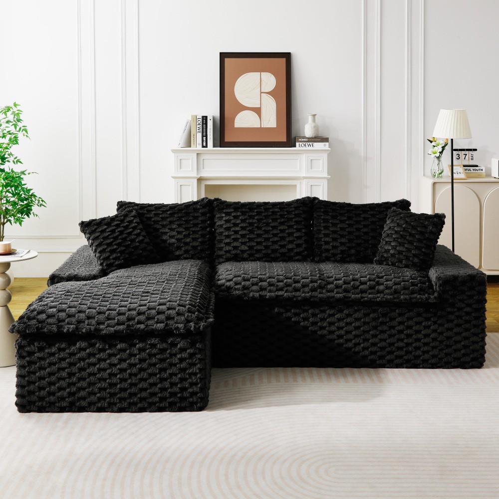Black Convertible Sofa w/ Chaise Lounge - L-Shape Straight Modular