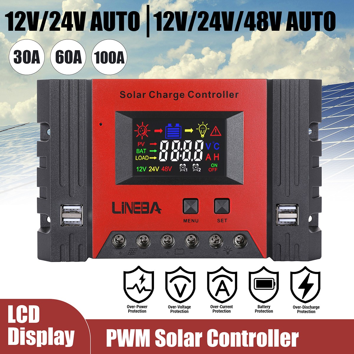 30-100A MPPT Solar Panel Regulator Charge Controller 12V/24V Auto Focus Tracking