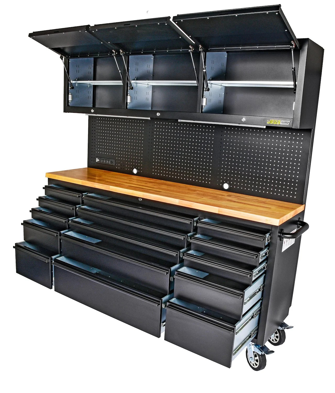 JEGS 72 in. 15-Drawer Rolling Tool Cabinet with Upper Storage [Black]