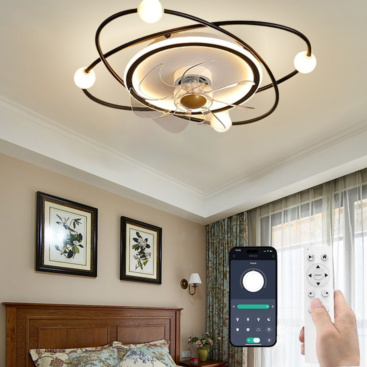Modern LED Ceiling Fan Light Timer Setting for Home Office Cafe Restaurant Decor