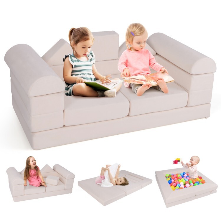 9Pcs Climb and Crawl Foam Children Play Toddler Convertible Sofa Couch Set Beige