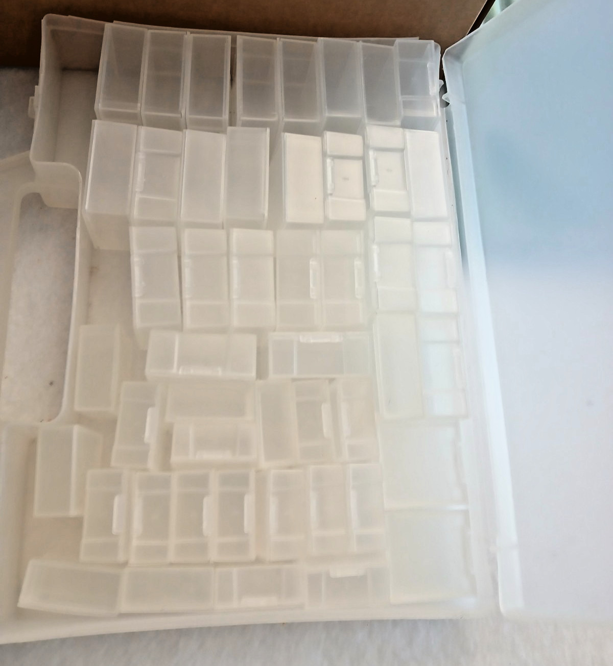 lot of miscellaneous jars bottles funnels sorter empty case with small boxes