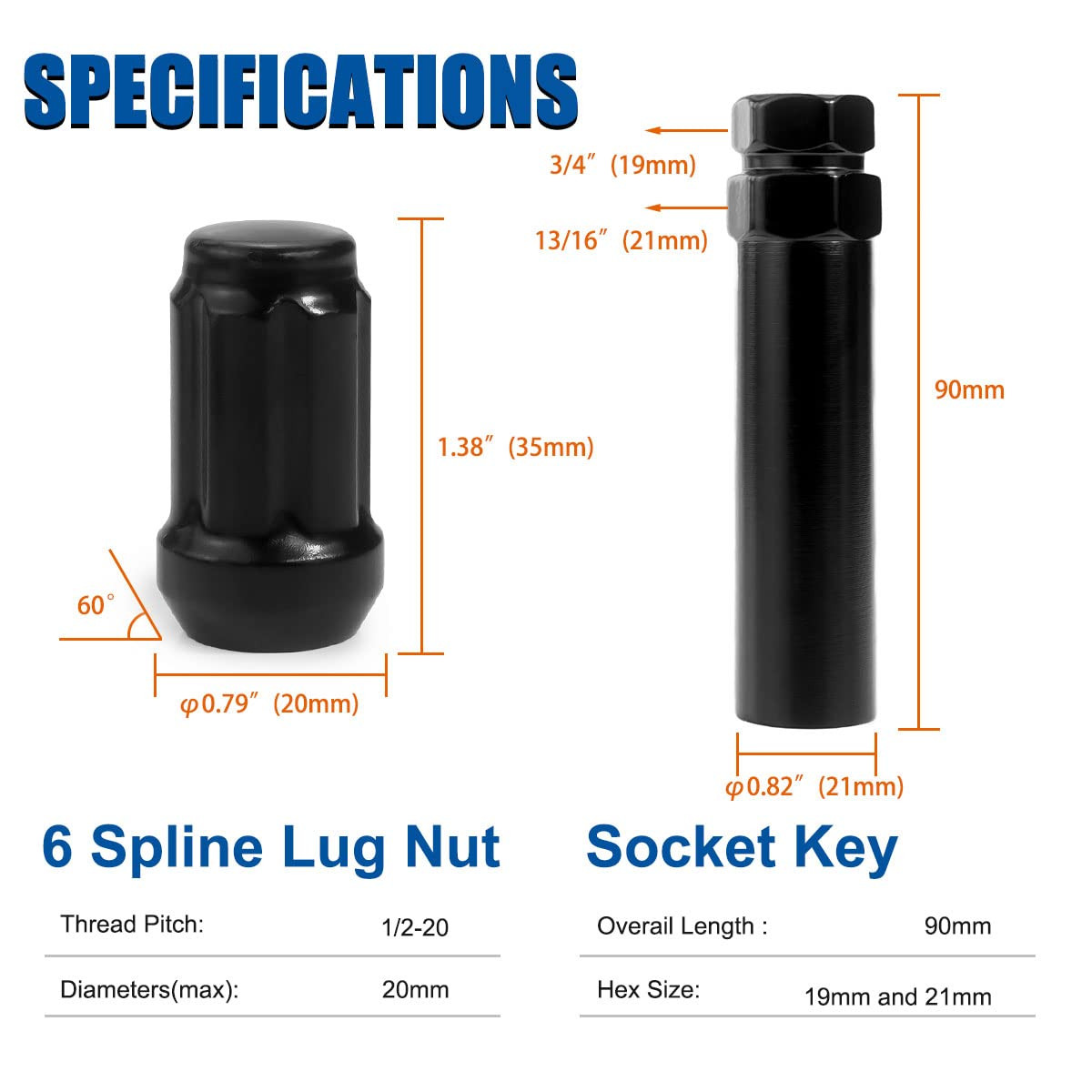 1/2-20 Lug Nuts Black, 1/2 X 20 Closed End 6 Spline Tuner Lug Nuts 1.38" 35Mm Ta