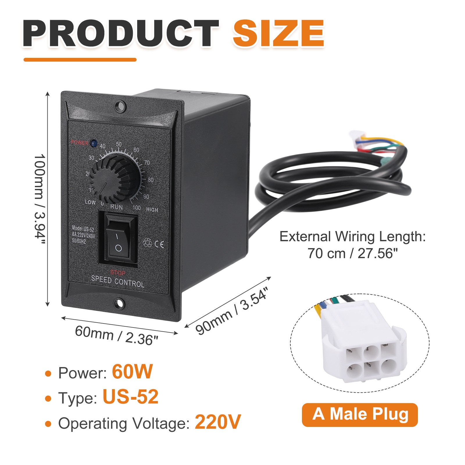 60W AC 220V Motor Speed Controller Forward Reverse w/ A Male Plug