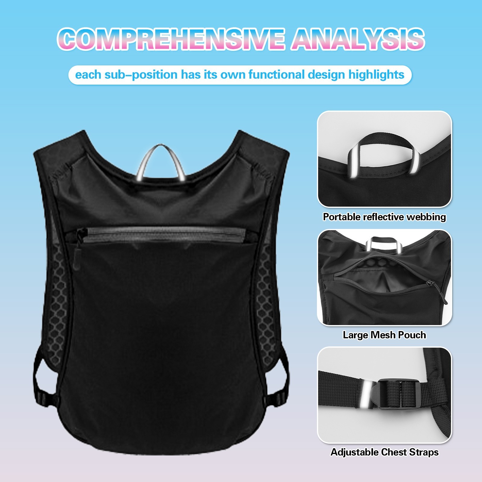 Running Hydration Vest Backpack 500ml Soft Flask Emergency Blanket Reflective