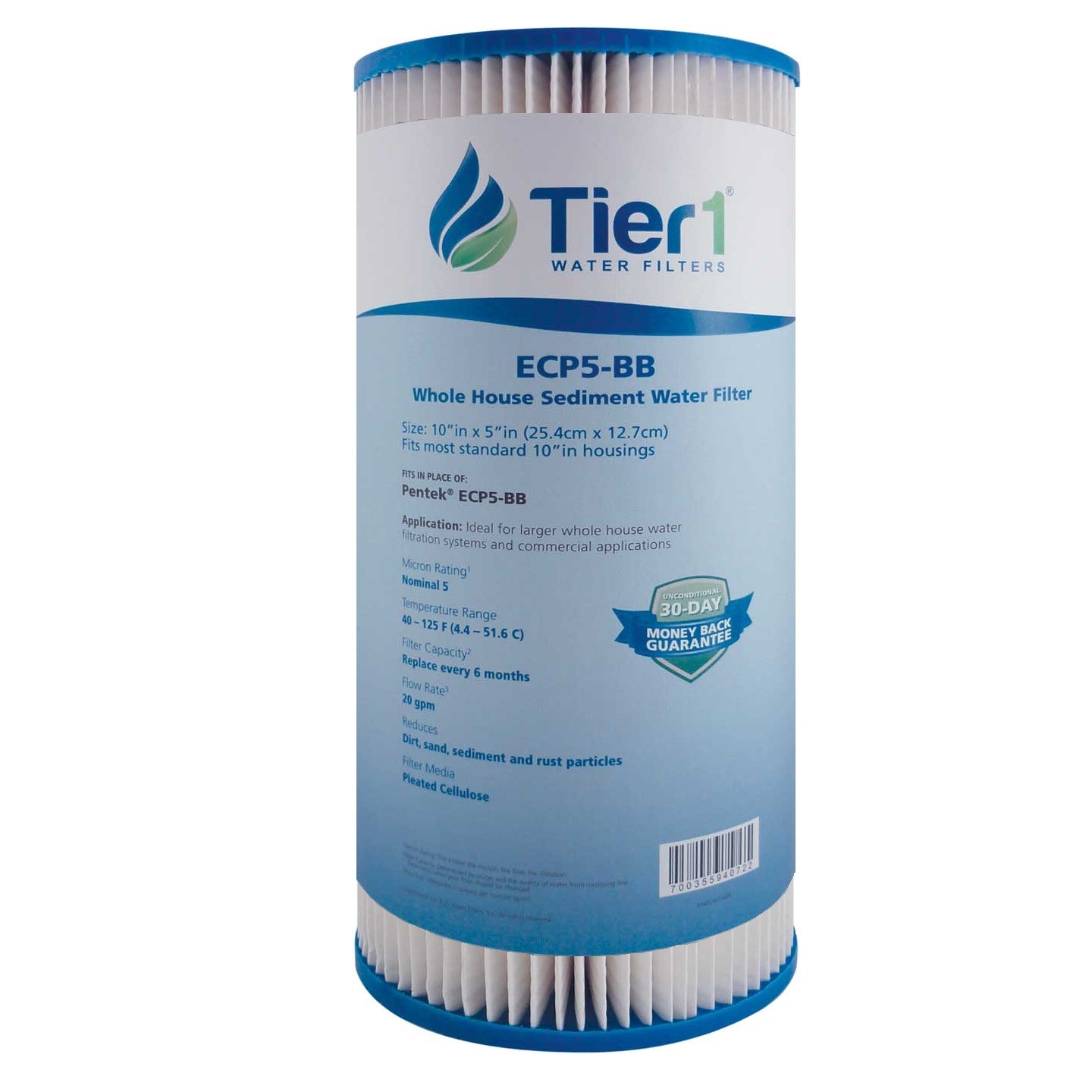 10 x 4.5 Inch 5 Micron ECP5-BB Pleated Cellulose Sediment Tier1 Water Filter