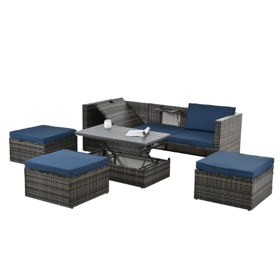 Sofa Set With Chaise Longue. Patio Furniture, Outdoor Wicker Furniture with Coff