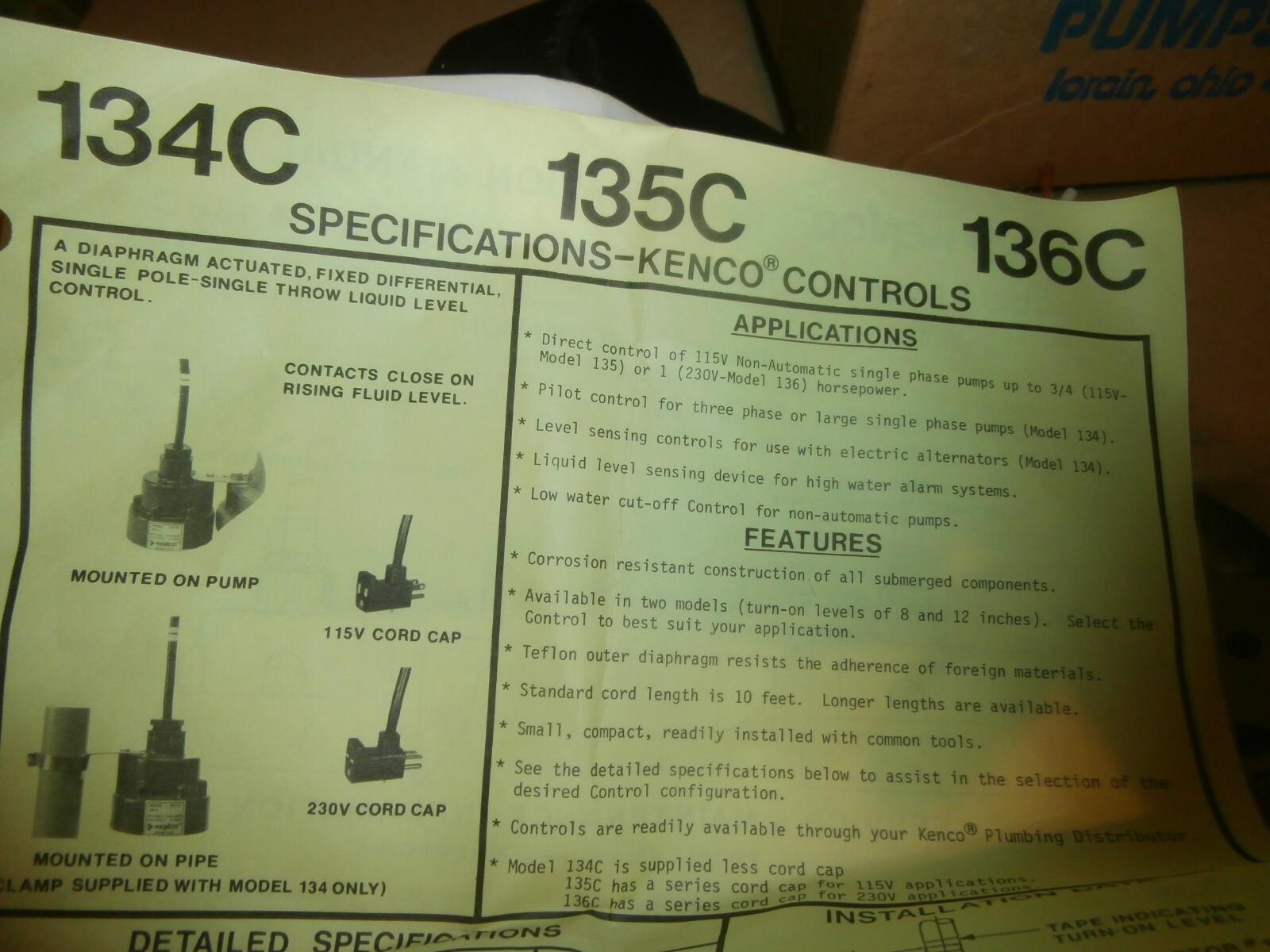 Kenco Liquid Level Control Switch 134C8