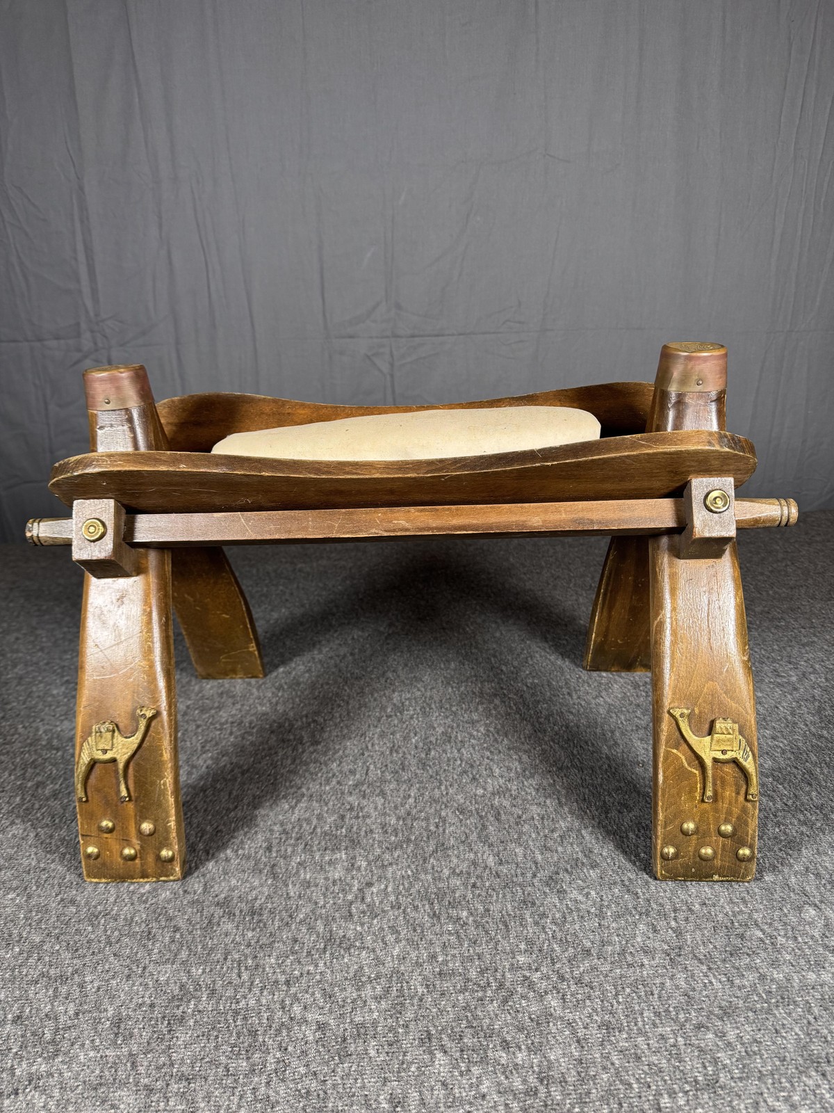 Vintage Wooden Camel Saddle Folding Stool Ottoman Brass Camel Accents Arabian