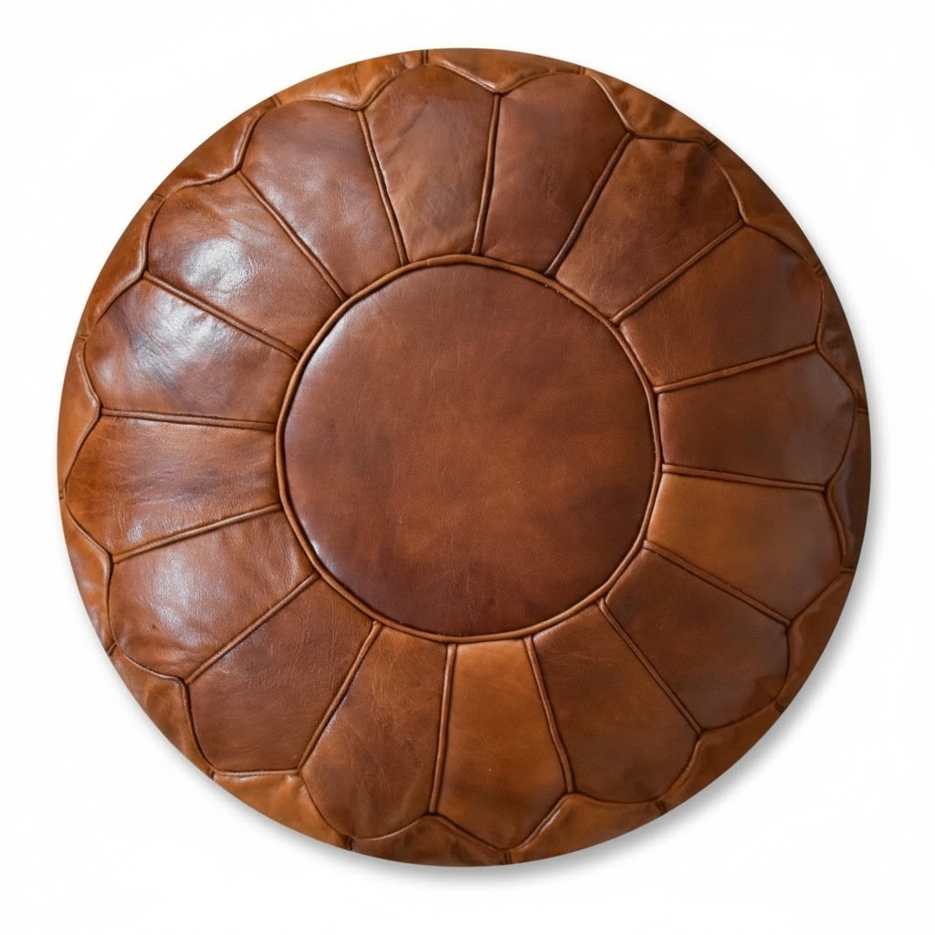 Premium Moroccan Round Leather Pouf,Handmade Leather Ottoman Footstool Pouf,Brow