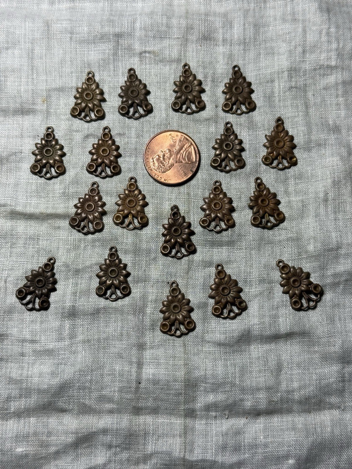 18 Vintage Floral Brass Charms/Dangles with patina
