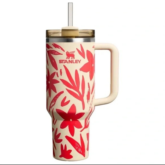 Stanley 40 oz Floral Cream & Red Insulated Tumbler with Handle, Lid & Straw