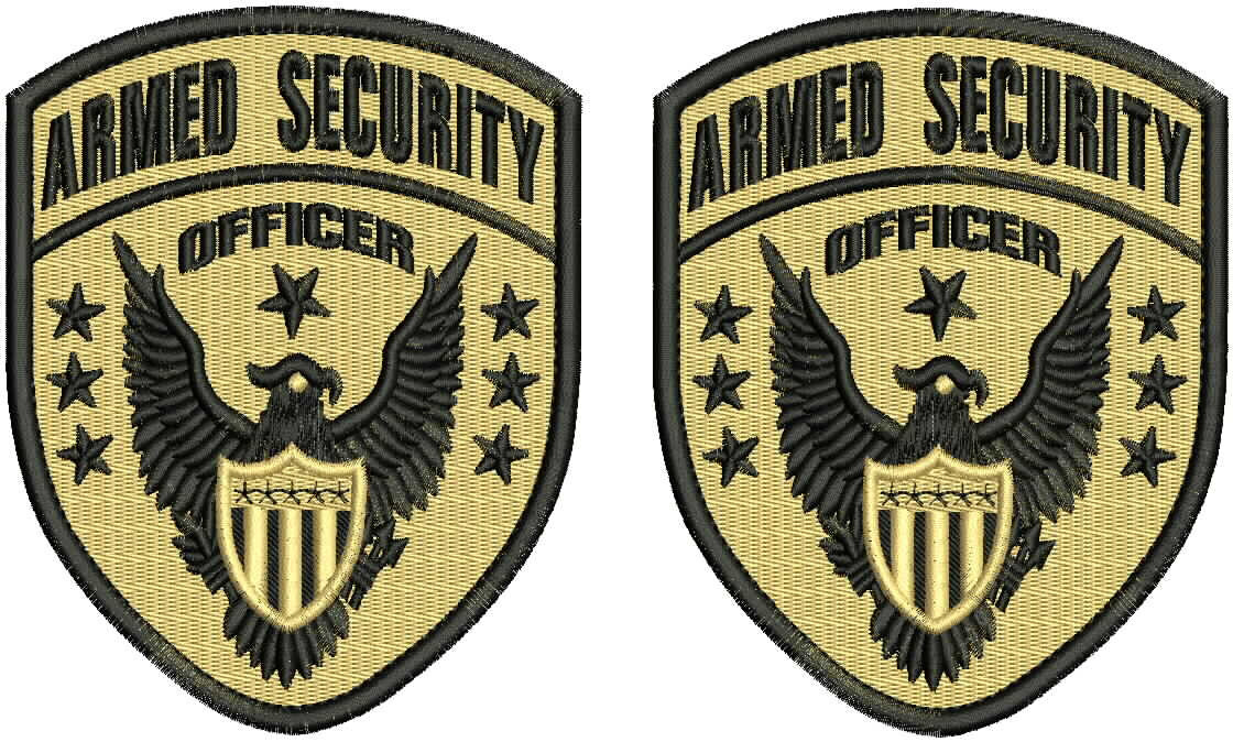 Armed Security Officer 2 Ebroidery Shoulder 5x4.1/4 Velcr@ On back Black On Tan