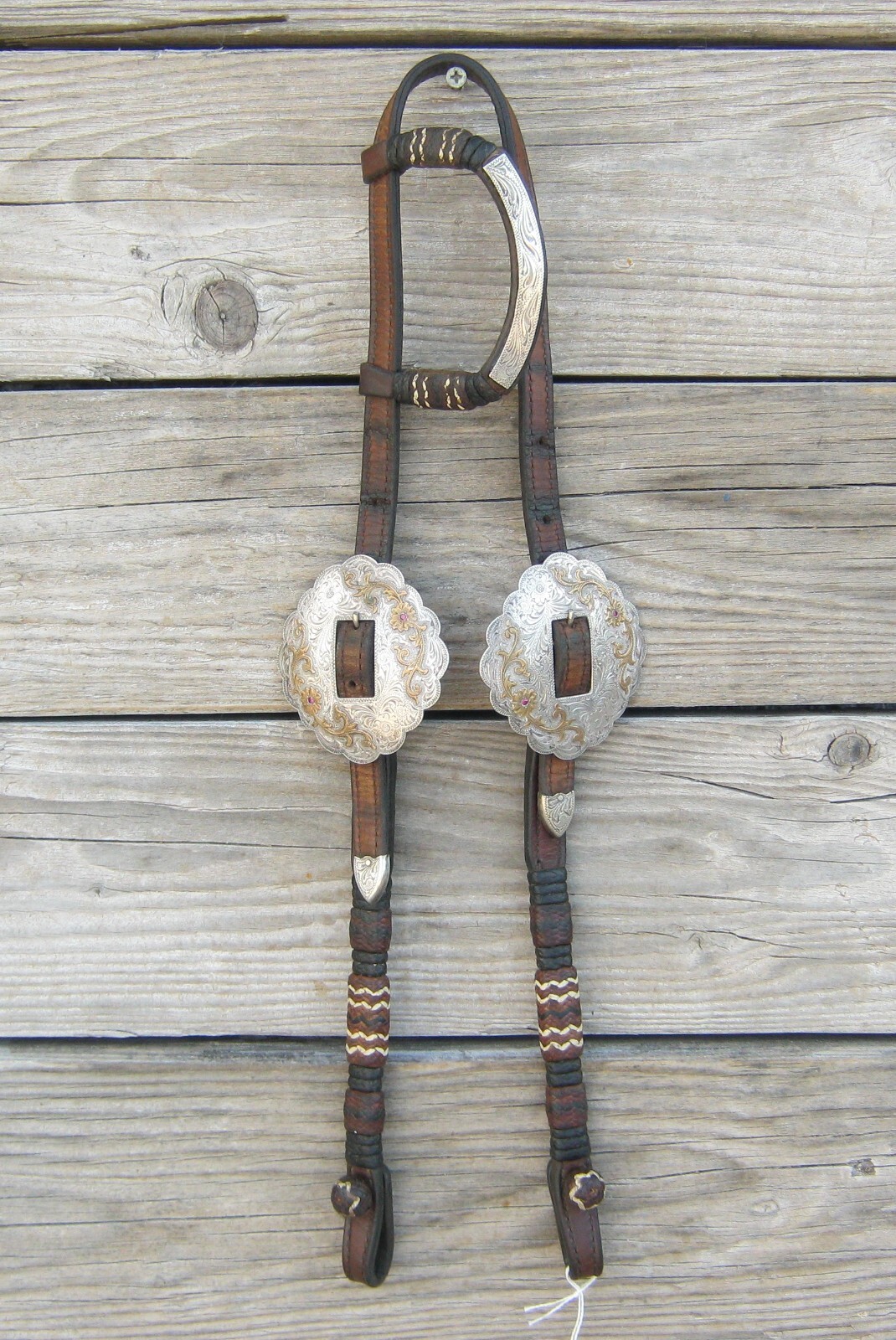 Broken Horn Red Stone Sterling Overlaid Braided Leather Vintage Headstall 29374