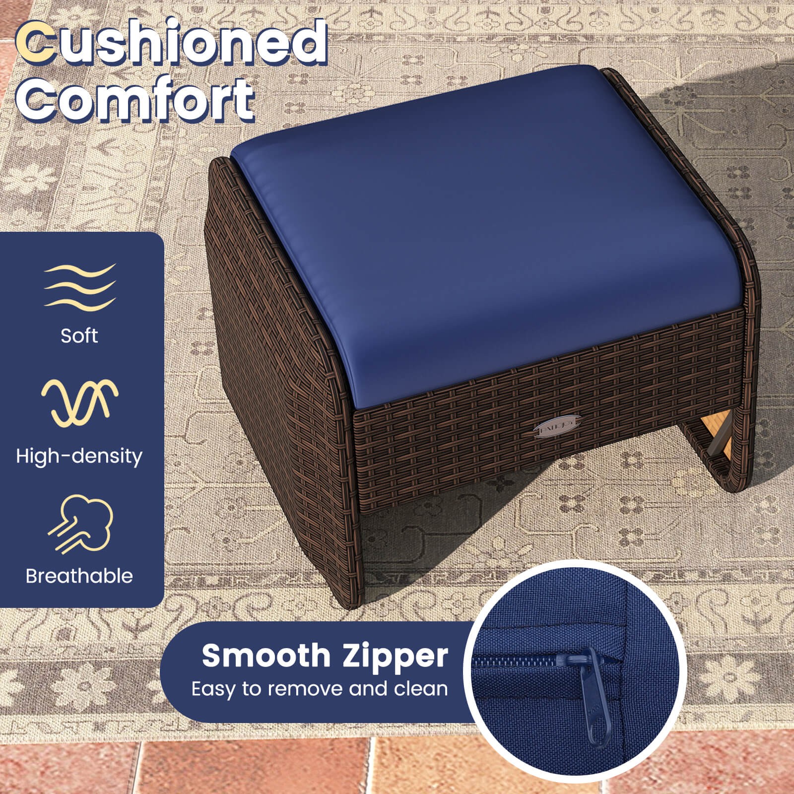 2 Pieces Outdoor Patio PE Wicker Ottomans with Removable Cushions Footstools