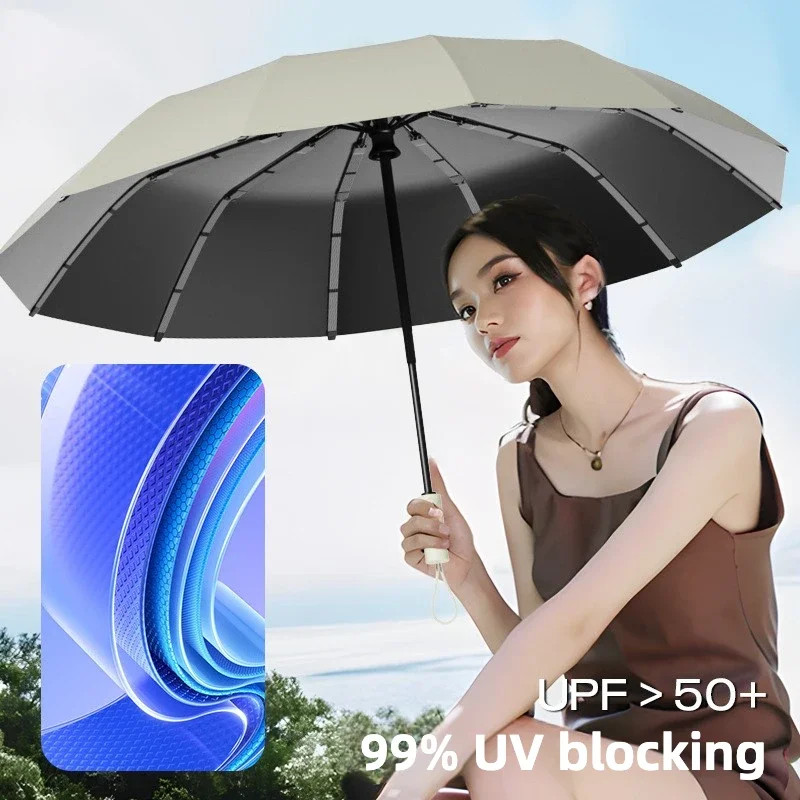 Reinforced 348 Ribs Automatic Umbrella, Windproof & Stormproof, UV UPF 50+ Sun &