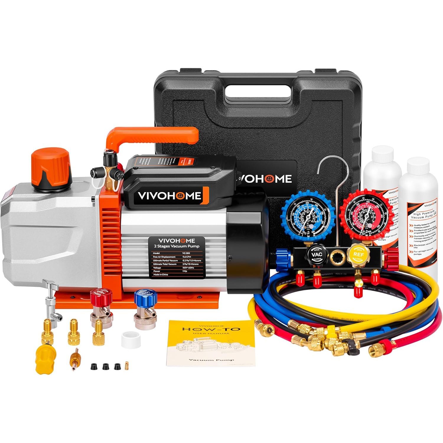 9.6CFM 1HP HVAC Vacuum Pump Kit w/ Manifold Gauge Set AC Refrigerant R134a R410a