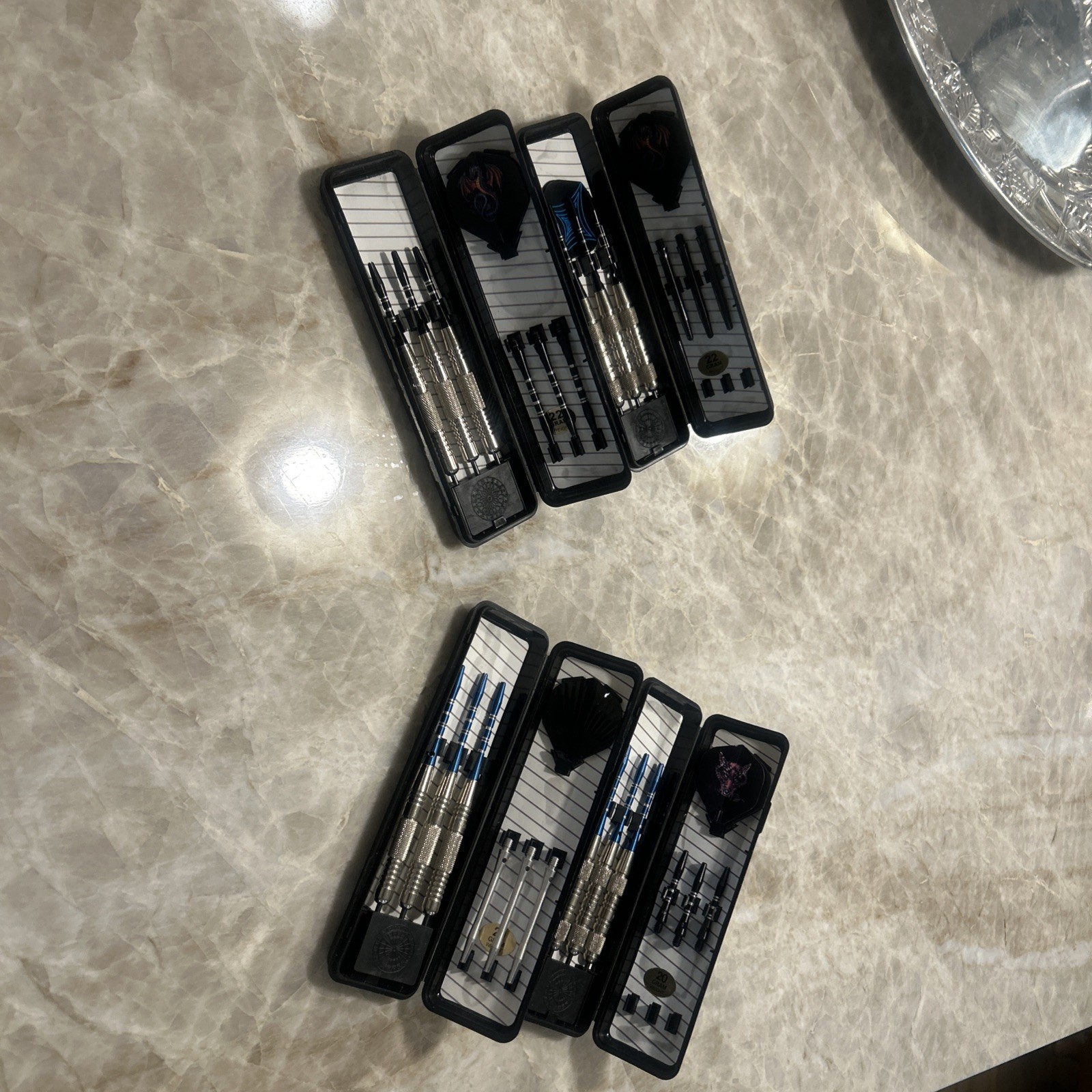 Four (4) Sets of Three (3) Darts with Accessories and Hard Shell Cases