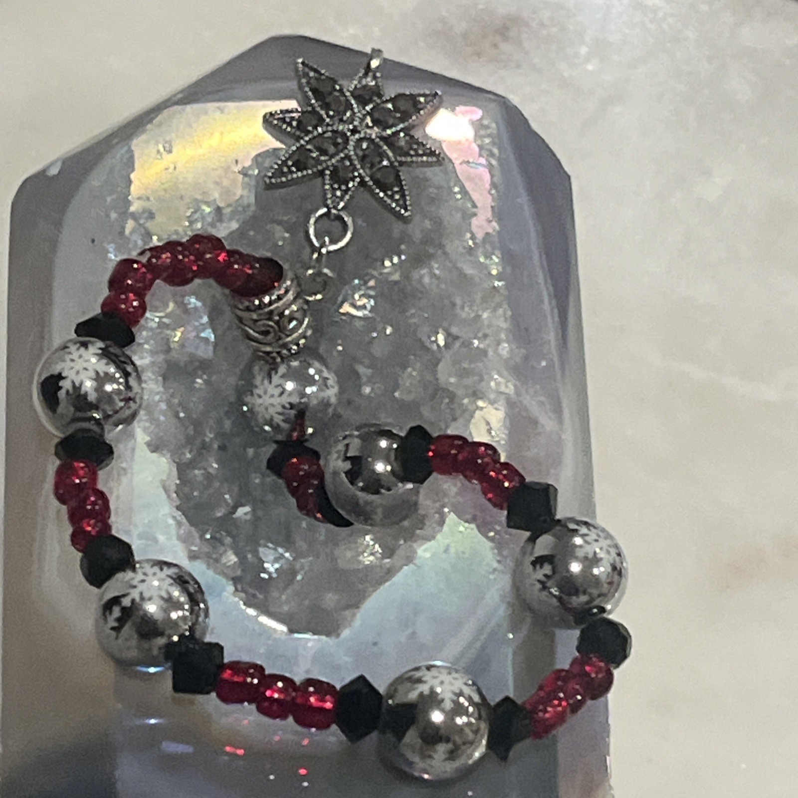 Handcrafted Red and Silver Beaded Bracelet with Star Charm