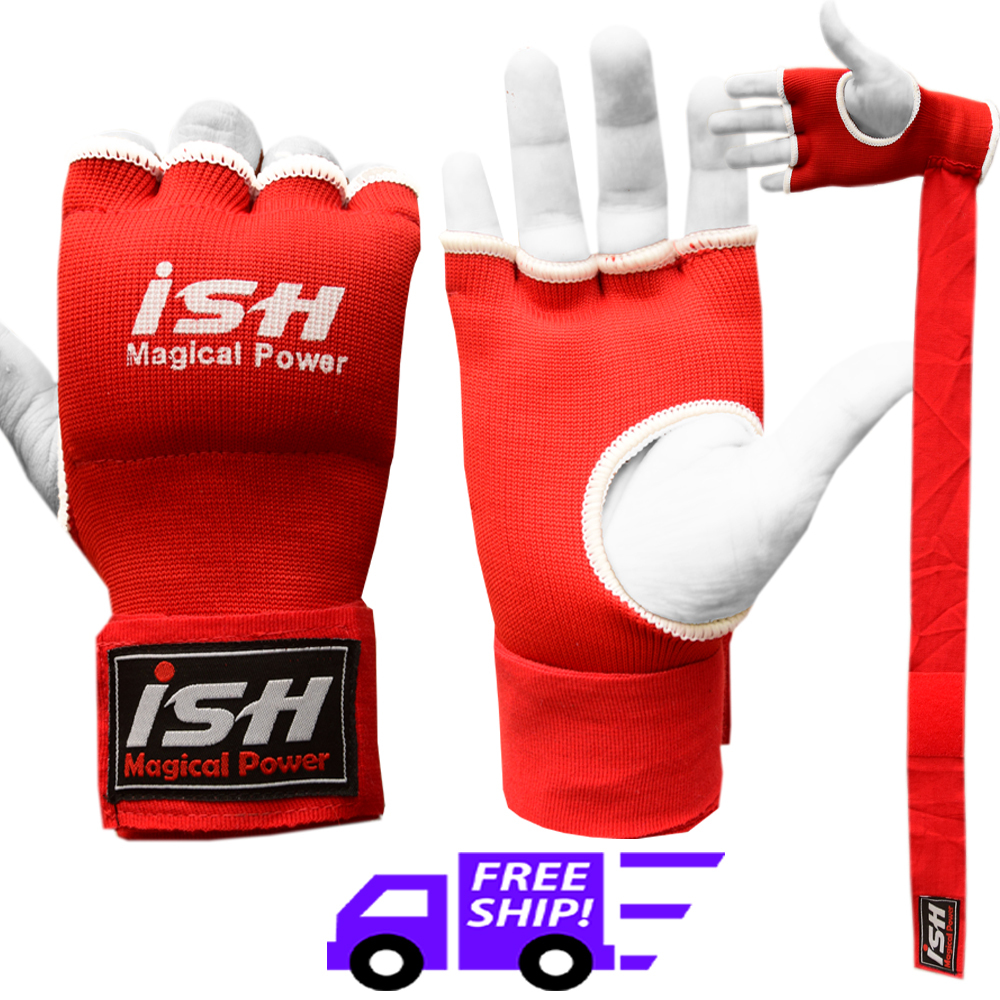 Boxing MMA Inner Gloves with Hand wraps Bandages Gel Foam Padded Muay Thai Red