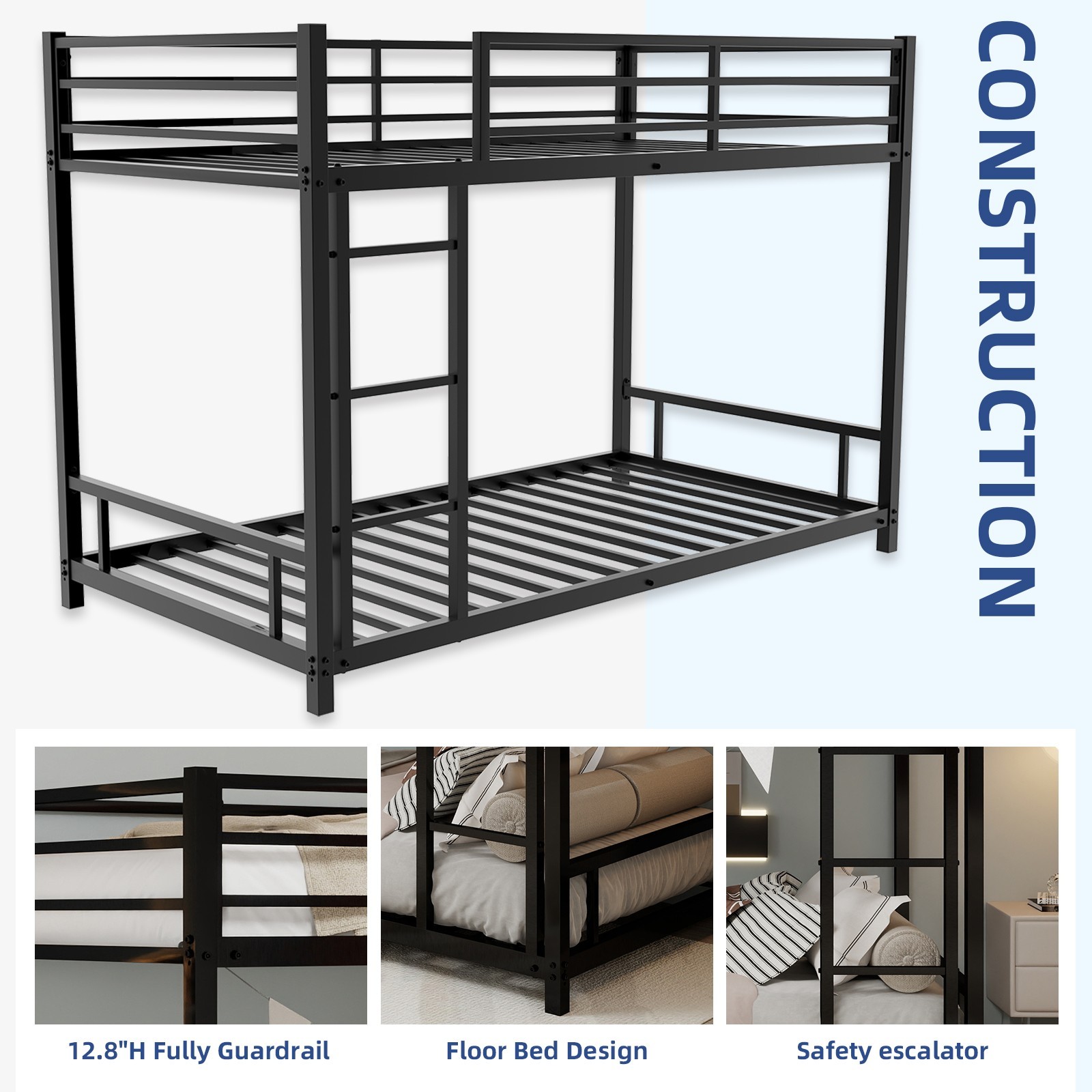 Metal Twin over Twin Bunk Bed Heavy-duty Sturdy Metal w/ Safety Guardrail Black