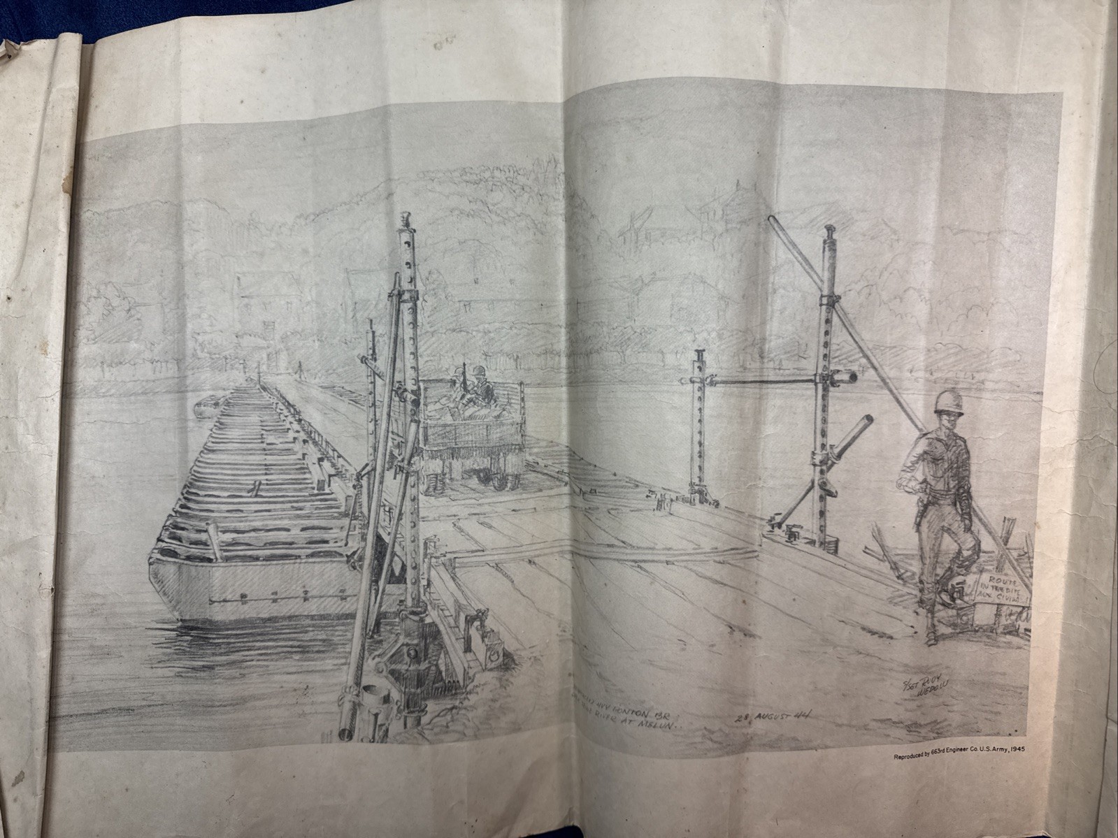 World War II sketch Pontoon Bridge Over The Seine By Rudy WEDOW Wartime Print