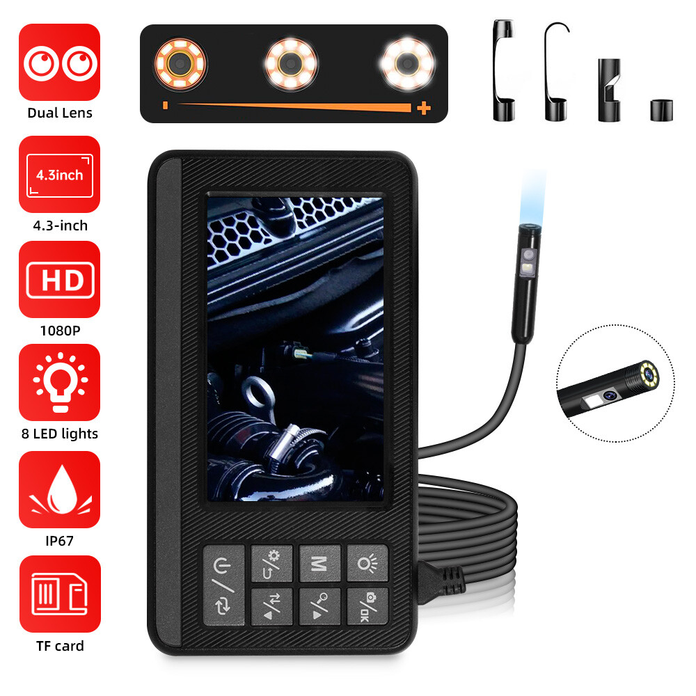 Endoscope Camera with Lights Dual Lens Borescope 16.4FT Cable 4.3" Screen 1080P