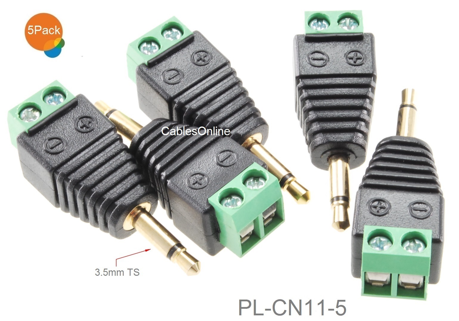 5-Pack 3.5mm 1/8" Mono Male Plug to AV 2-Screw Terminal Block Balun Connectors