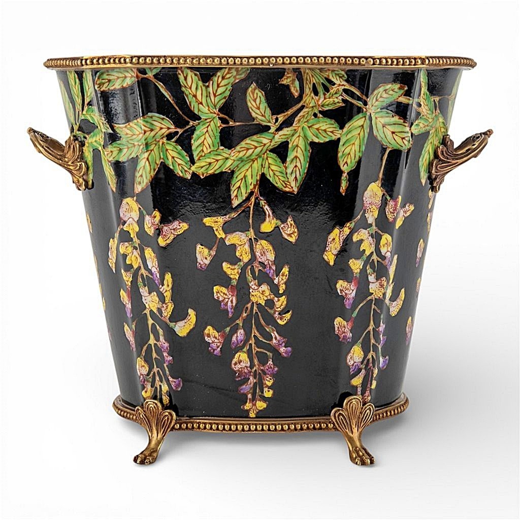 Colorful Porcelain Oval Planter. Bronze Accents. Hand Painted Night Blossoms-7”H