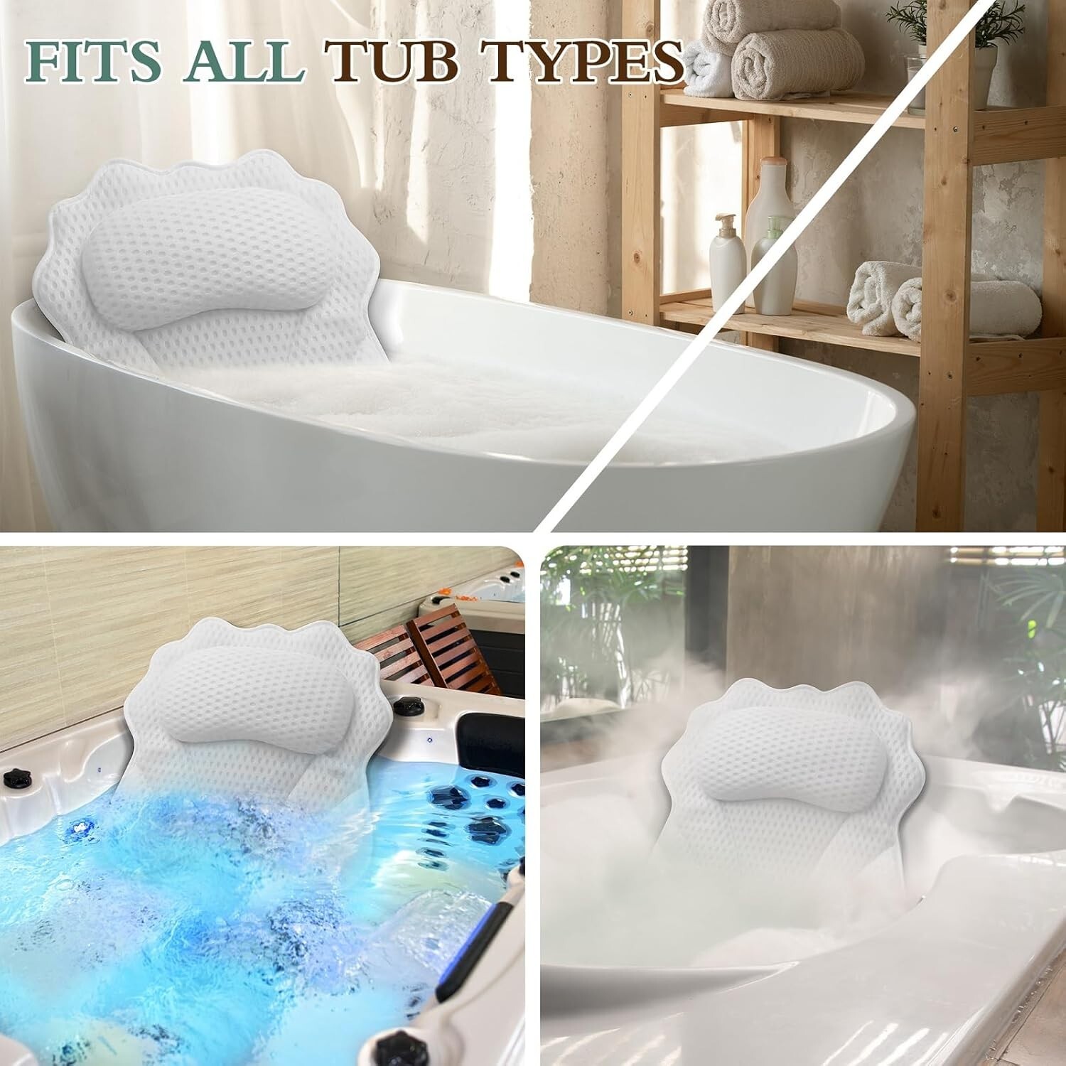 Soft Polyester Bath Pillow with 6 Strong Suction Cups - Enhances Spa Experience