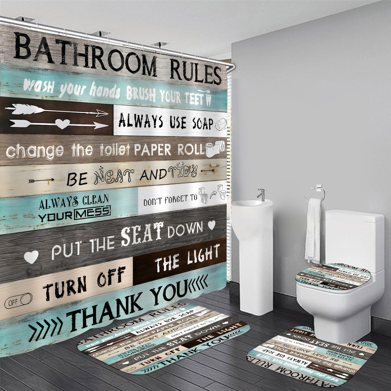4 PCS Inspirational Quotes Shower Curtain Set Brown Teal Patchwork Rugs