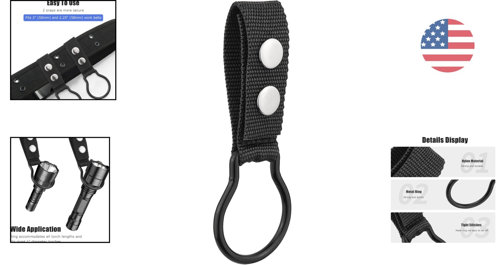 Portable D/C Cell Flashlight Ring Holder with Durable Clip for Duty Belts