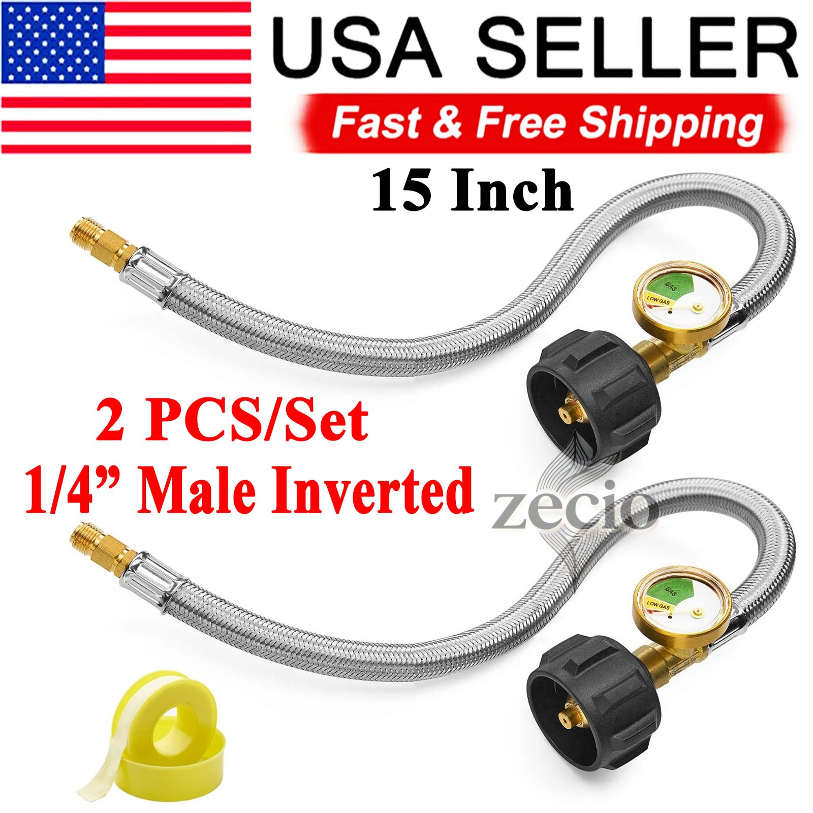2 Pack 15'' Inverted Stainless RV Propane Hose w/Gauge QCC1/ Type 1 Connection